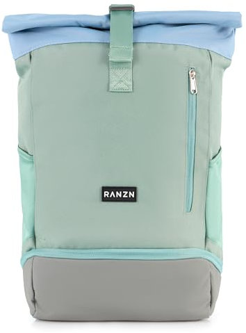 RANZN® – Barcelona – Premium Damen & Herren Rolltop Rucksack, Wasserabweisend, mit Schuhfach und flexiblem Yoga-Stauraum, Tagesrucksack mit Laptopfach, Grün