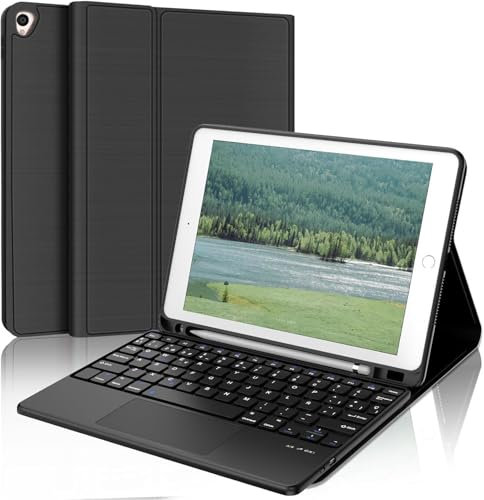 WAVATA Teclado Funda para iPad 9ª 2021| Teclado para iPad 8ª Gen/iPad 7ª Gen, Teclado para iPad Air 3 y iPad Pro 10.5 2017, Teclado Español Bluetooth Inalámbrico Desmontable con Trackpad, Negro