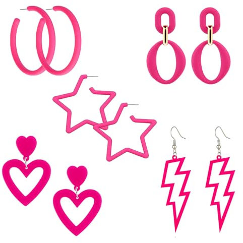 GUTERTOP 5 Paar Neon Pinke Ohrringe Damen, Creolen Vintage Neon Ohrringe für 80er 90er Jahre Party Accessoires