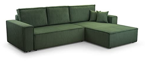 FurniShop24 Ecksofa mit Schlaffunktion und Bettkasten - Eckcouch L-förmige zum Wohnzimmer, Klappsofa - Schlafcouch Minimalistisches Design, Schlafsofa Mango L: Dunkelgrün, Ecksofa Rechts
