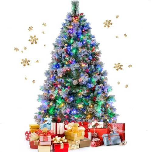 KOMFOTTEU Árbol de Navidad Artificial 185/215 cm con Luces LED (185 cm) | Árbol Navideño Decorativo con 350/400 Luces LED, 4 Colores, 8 Modos de Iluminación, Piñas y Bayas Rojas