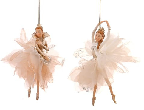 itsisa Baumschmuck Ballerina Ballett Tänzerin Champagner Gold mit Federkleid (2er Set) - Ballett Weihnachtsdeko, Christbaumkugel, Weihnachten