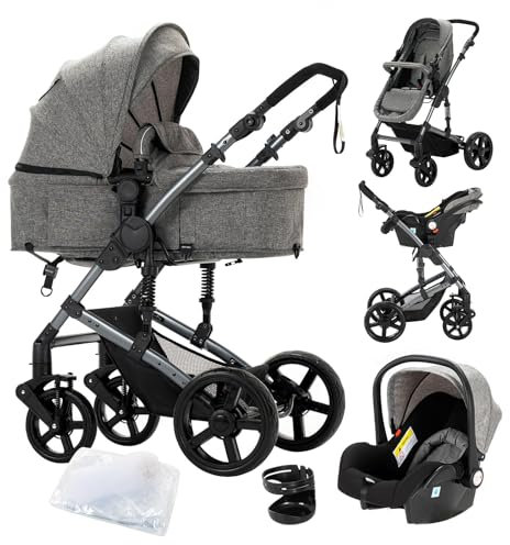 Doraystar Kinderwagen 3 in 1, Kombikinderwagen 3 in 1 mit Zwei Umkehrbaren Schiebemodi, Kinderwagen Set mit Ein-Klick-Faltdesign, Kinderwagen Komplettset Rahmen Aluminiumlegierung (588 Grey)