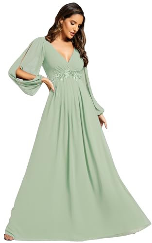 Ever-Pretty Abito da Sera Manica Lunga A-Line Scollo A V Abito Cerimonia Donna Menta Verde 36