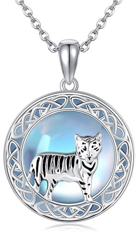 ONEFINITY Tiger Halskette 925 Sterling Silber Mondstein Keltischer Knoten Tiger Anhänger Halskette Schmuck Geschenke für Frauen