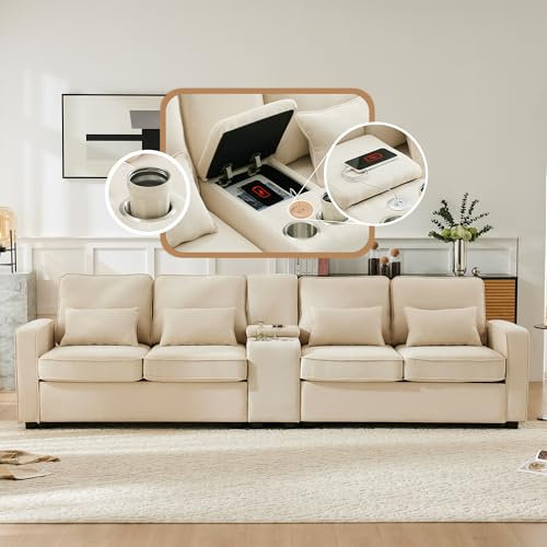 Modernes 4-Sitzer-Sofa aus Leinenstoff mit Konsole, 2 Getränkehaltern, 2 USB-Anschlüssen zum Aufladen mit Kabel, mit Armlehnentaschen und 4 Kissen, einfaches Sofa für Wohnzimmer, Wohnung, Büro (Beige)
