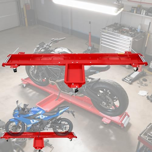 Fridgestea Aide aux manœuvres de moto 570 kg – Rail de manœuvre professionnel et cric avec 5 roulettes pour motos jusqu'à 20 cm de largeur de pneu – Plaque de rangement idéale pour garage et atelier
