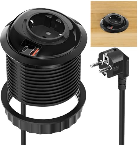 Sewingvr Regleta Empotrable USB-C PD 20W y USB-A QC 18W, para Agujero de 80mm, Enchufe de Sobremesa con Cable 1.8m, Toma Múltiple para Oficina y Cocina, Negro