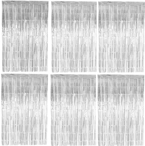 Rismise Lametta Vorhang Silber 6 Stück Glitzer Lametta Vorhänge Metallic Party Vorhänge Foto Hintergrund Folien Fransen Luftschlangen Deko für Geburtstag Disco Silberhochzeit Abschluss Party Dekor