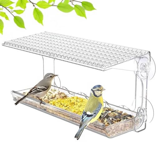 Vogelhaus Fenster – Großes Transparentes Futterhaus 24,5x10x14cm mit Vogeltränke, Abnehmbarer Bird Feeder mit 2 Fächern & Anti-Rutsch-Stange, Schraubaufkleber, Für kleine Wildvögel