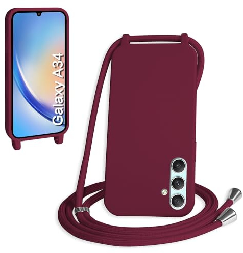 WenBaby Handykette für Samsung Galaxy A34 5G Hülle mit Band,Handyhülle mit Schnur zum Umhängen Silikon Seil Necklace Schutzhülle mit Kordel Tasche Case TPU Bumper für Galaxy A34 5G- Rot