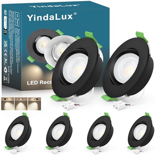 YindaLux 6x LED Einbaustrahler IP44 230V 5W Schwarz 4000K Lochmaß 68–80mm | 45° schwenkbar, 550lm, nicht dimmbar, flach, GU10 Einbaurahmen, abnehmbare LED Modul, für Bad, Küche und Wohnzimmer