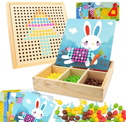 RANJIMA Mosaik Steckspiel für Kinder, Spielzeug ab 2 3 4 5 Jahre Holz Mosaik Bastelset Kinder Pegboard Gabelungen mit Steckperlen 3D Geschenke für Jungen Mädchen Weihnachten, Nutztiere