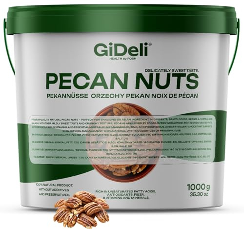 GiDeli Pekannüsse 1 kg im Eimer - ganze Kerne, naturbelassen, ungesalzen | Eimer mit Deckel und Tragegriff, ganze Kerne statt Bruch, Herkunft USA, für Müsli, Porridge, Salate, Desserts und Gebäck