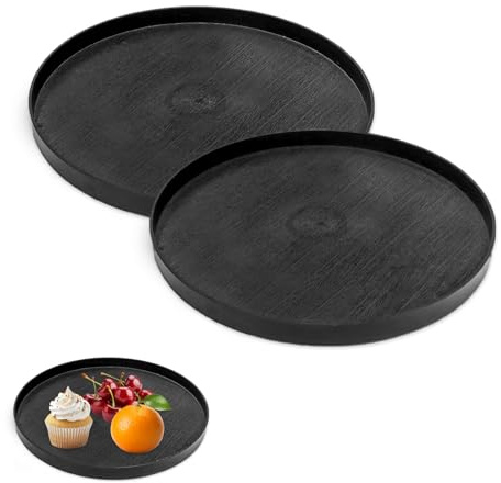 Luckwaii Black Round Tray Decorative 30cm with 3 Raised Edges, 2Pcs Plastic | Food Serving Trays Display Candle Plate for Home Kitchen and Bathroom Coffee Table Decor