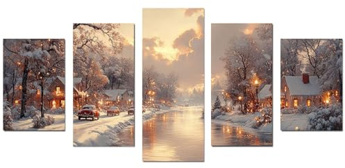 BOHUO Set 5Teilig Leinwand Bilder Winter Vintage-Landschaft Modern Wanddekoration Kunstdrucke, Wandbilder Wohnzimmer Schlafzimmer Büro Esszimmer(Gold 47)-60x125cm Ungerahmt