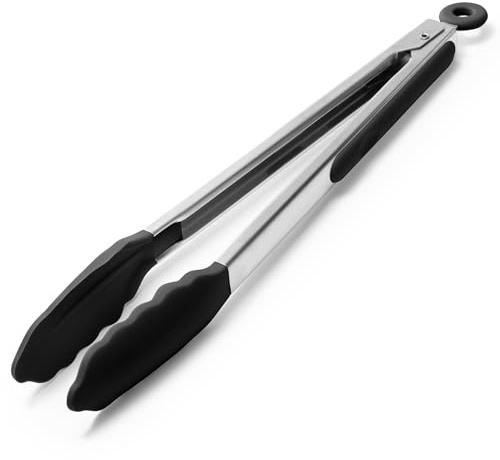 Doosu Silicone Kitchen Cooking Tong, 315℃ Heat Resistant, 30cm, Black | Rubber Tipped for Air Fryer, Non Scratch with Locking, Non Slip Grip, Heavy Duty, Grilling Serving Frying Camping BBQ Steak