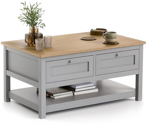 CHRISTOW Coffee Table with Storage & Oak-Effect Top, Lower Shelf & 2 Pull-Down Drawers, Modern 2-Tier Living Room or Bedroom Table, Sturdy MDF Frame, Matte Painted – Grey, H43cm x W86cm x D55cm