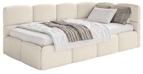 Selsey Jugendbett 120x200cm Hellbeige Bouclé Stoff mit Matratze und Lattenrost, gepolstertes Polsterbett mit Stauraum und Bettkasten, Jugendbett rechtsseitig mit Eckkopfteil, Bett für Kinderzimmer