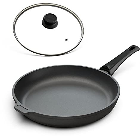 Hoffmann Aluguss Bratpfanne 24 cm Induktion mit Deckel 4,5 cm Innenhöhe I Made in Germany I Hoher Rand I Antihaftbeschichtet I Backofengeeignet 280 Grad Induktion geeignet