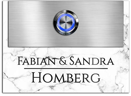 Premium Designer Türklingel mit Namen - Wunschtext | LED-Klingelknopf 11x8 cm | Modell: Homberg - beschriftete Klingel aus Hochglanz Acrylglas und Edelstahl Klingelschild Taster beleuchtet