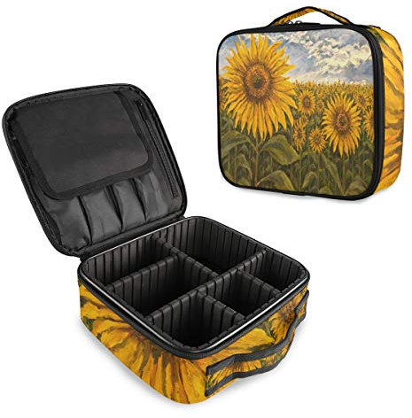 Mnsruu Paisaje Girasol Pintura al óleo Maquillaje Cosméticos Estuche Organizador Portátil Bolsa de Almacenamiento de Maquillaje de viaje Estuche de tren con divisores ajustables