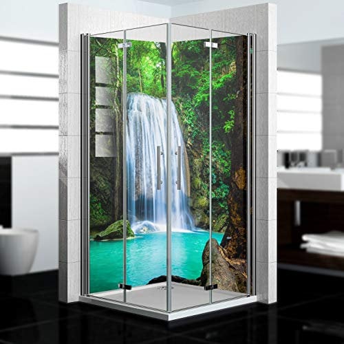 dedeco Eck-Duschrückwand wasserfest mit Wasserfall Motiv UV-Lack glänzend - 2 x 90x200 cm, als Badrückwand zum Fliesenersatz, Dekorwand, Wandverkleidung und Duschplatte aus Aluminium - Made in Germany