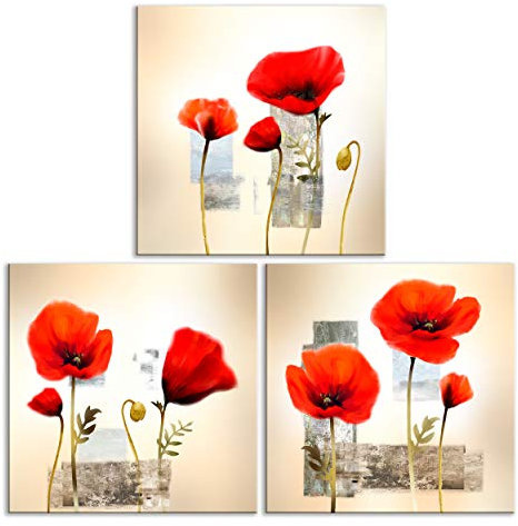 decomonkey - Impression sur Toile Coquelicots 90x30 3 Pièces - Tableau Décoration Appartement Cadre en Bois Déco Salon Peinture sur Toile Maison Abstraction fleurs coquelicots nature plantes