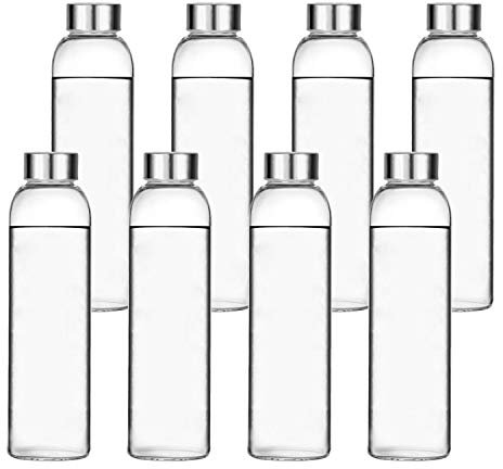 Encheng - Bottiglie per acqua in vetro, 453,6 g, con tappo in acciaio inox a tenuta stagna, 500 ml, riutilizzabili, per succhi di frutta, bevande, bevande da viaggio, per bere, salsa, confezione da 8