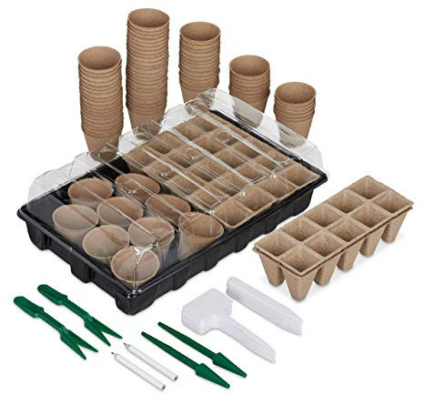 Relaxdays Set Mini Serra con 131 Accessori, Coperchio Trasparente, Vassoio Forato per Semina, Semenzaio, Plastica, Nero
