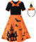 ReliBeauty Robe Fille Citrouille Orange Noire Halloween Déguisement Enfant Accessoire Serre-Tête Sorcière 5-6ans 110