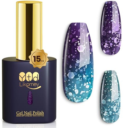 YTD Likomey UV Nagellack Farbwechsel Thermo Farbgel,15ml Violetter Dunkelblauer Glitzer Gel Chamäleon Shellac Nagelgel UV/LED Color Change Gellack,WB03