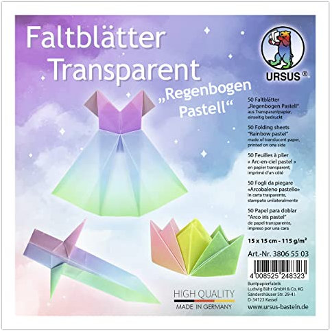 Ursus 38065503 - Faltblätter Transparent Regenbogen Pastell 115 g/m², 50 Faltblätter 15 x 15 cm, einseitig bedruckt