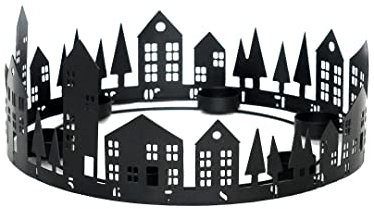 Ivyline Advent Round Tea Light Centrepiece in Black with Cityscape Scenic Design - Christmas Festive Metal Candle Holder - H15 x W33 x D33 cm