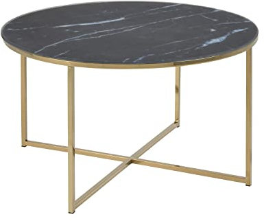 Toilinux.com Mesa de centro redonda de cristal efecto mármol, diámetro 80 cm, dorado y negro