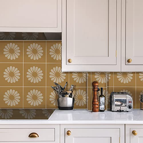 Alwayspon Piastrelle adesive impermeabili in vinile, autoadesive, per cucina, bagno, soggiorno, stile boho, 15 x 15 cm, 25 pezzi, motivo floreale arancione bohémien