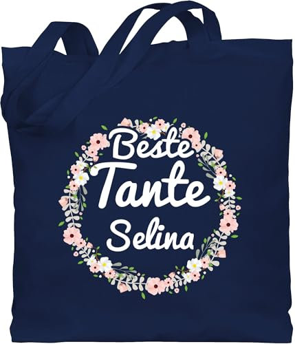 Baumwolltasche - Beste Tante - Boho Blumenkranz mit Name - Unisize - Navy Blau - baumwoll taschen geschenke für tanten jutebeutel lange henkel tote leinenbeutel baumwolle personalisierte tasche