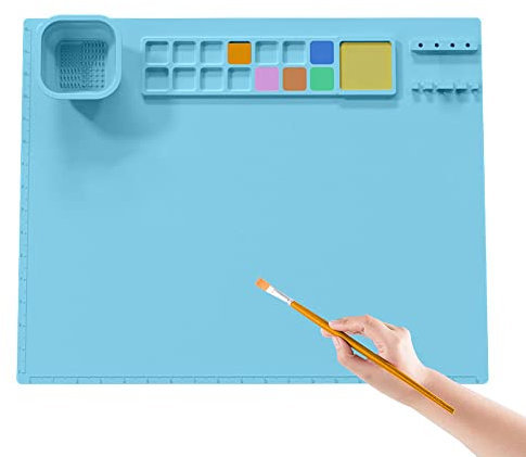 Hapihom Silikon-Bastelmatte, 50,8 x 40,6 cm, Kinder-Silikon-Kunstmatte mit faltbarem Becher- und Pinselhalter, Farbteiler, hitzebeständig, Bastelmatte, Malmatte für Malerei, Kunst, Ton, Himmelblau