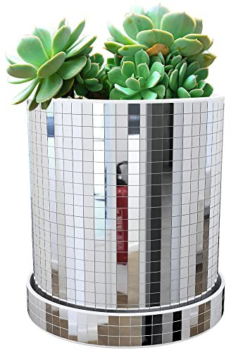 Adnee Zylindrischer Disco-Pflanzgefäß, 11,4 x 12,2 cm, Spiegel-Disco-Vase, moderner Disco-Kunststoff-Pflanztopf mit Ablaufloch und Untersetzern für Innen- und Außenpflanzen (Silber)