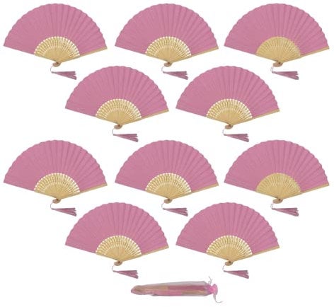 Pack of 10 Paper Handheld Folding Fan with a Tassel and Grade A Bamboo Ribs for Women Girls Summer Party Favour Birthday Wedding Gift (Soft Pink)