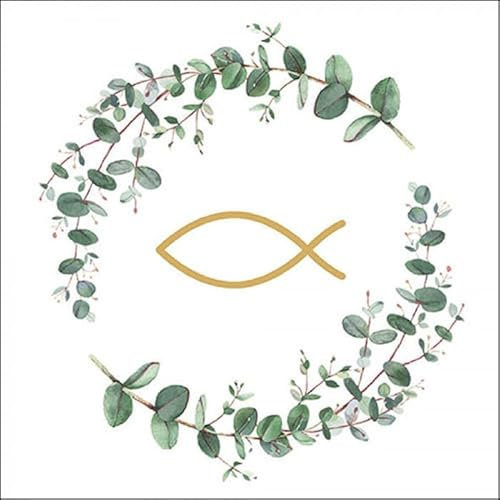 Servietten Christen-Fisch im Eukalyptus-Kranz zur Taufe Konfirmation Kommunion & Firmung in weiß grün & Gold Tisch-Deko für Junge & Mädchen Dekoration kirchliche Feste 40 Servietten