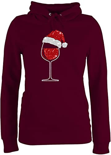 Pullover Damen Hoodie Frauen - Weihnachten Geschenke Christmas Bekleidung - Weinglas mit Weihnachtsmütze - L - Burgundrot - Weihnachtspullover Frau Glas Wein weihachtspullover weinachtsgeschenk