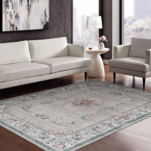 TALETA Teppich Wohnzimmer, Orientteppich Vintage, Blumenteppich, Grauer Teppich für Schlafzimmer, Büro, Esszimmer, Küchen, 140 x 200 cm