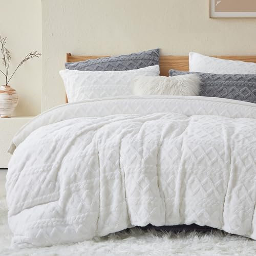 Lanqinglv Warme Bettwäsche 135x200 4 Teilig Weiß Fleece Flanell Flauschig Plüsch Winterbettwäsche Getuftet Geometrisch Kuschelige 2 Bettbezug mit Reißverschluss und 2 Kissenbezug 80x80 cm