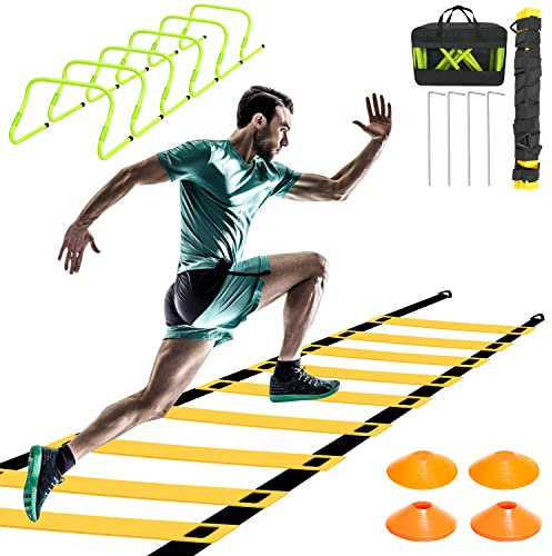 Sonnewelt Scala di coordinazione per calcio, 6 ostacoli regolabili, 12 dischi, attrezzo per l'allenamento per tutti gli sport