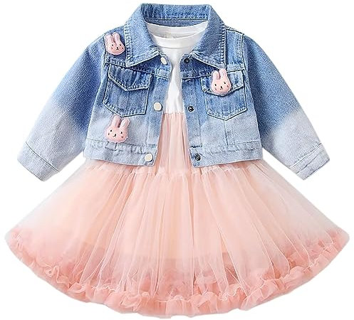 Peacolate 2-7Years Spring Autumn Little Big Girl 2pcs Dresses Clothing Sets Long Sleeve Dress and Denim Jacket(Pink,6years)
