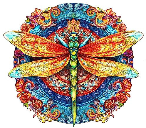 Blumuze Holzpuzzle Erwachsene, Mandala Libelle Holzpuzzle Einzigartige Tierform Puzzleteile, Holz Puzzle,Puzzle aus Tierteilen, Puzzle Holz Erwachsene mit Geschenkbox aus Holz 300 Stück(L-40 * 35cm)
