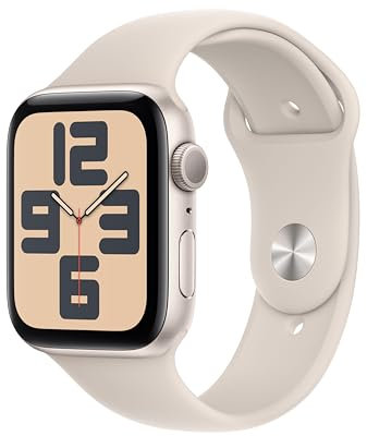 Apple Watch SE (2. Generation, 2023) (GPS, 44 mm) Smartwatch mit Aluminiumgehäuse und Sportarmband (S/M) in Polarstern. Fitness- und Schlaftracker, Unfallerkennung, Herzfrequenzmesser, Retina Display