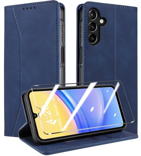 QHOHQ Funda para Samsung Galaxy A15 4G y 5G + Protector de Pantalla, [Protección RFID] Avanzado PU Piel Carcasa, [Ranura], Cierre Magnético, Tapa Antichoque (Fantasía) - Azul Oscuro