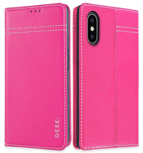 Gebei Hülle Echt Leder für iPhone XS Max - Premium Lederhülle Klapphülle mit Standfunktion und Kartenfächer Flip Case Ledertasche für iPhone XS Max - 6,5 Zoll (Pink)